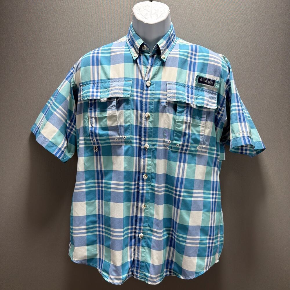 Columbia PFG Super Bahama Shirt Mens S Short Sleeve Fishing Plaid Blue